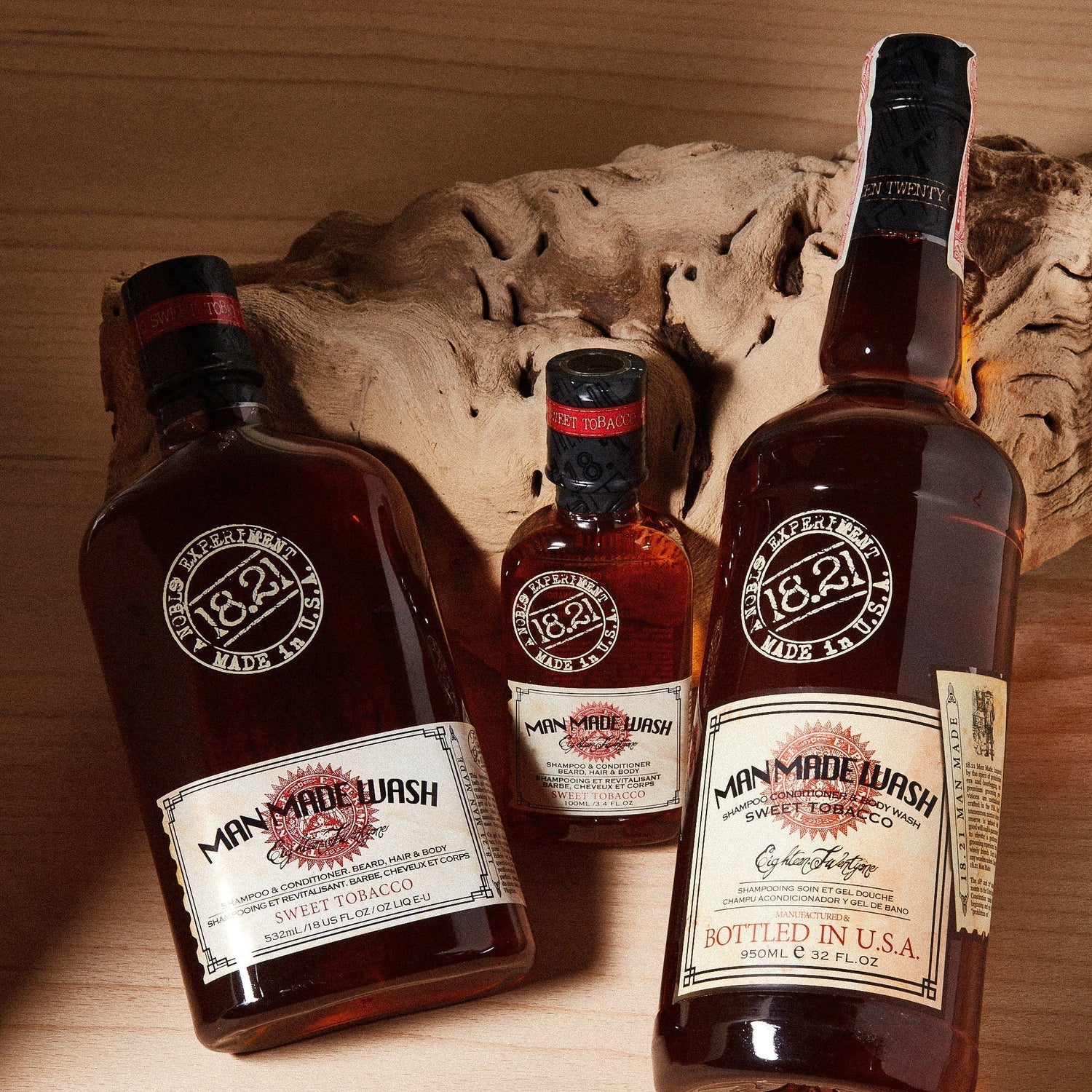 Flacons de gel douche 18.21 Man Made inspirés des bouteilles de whisky.